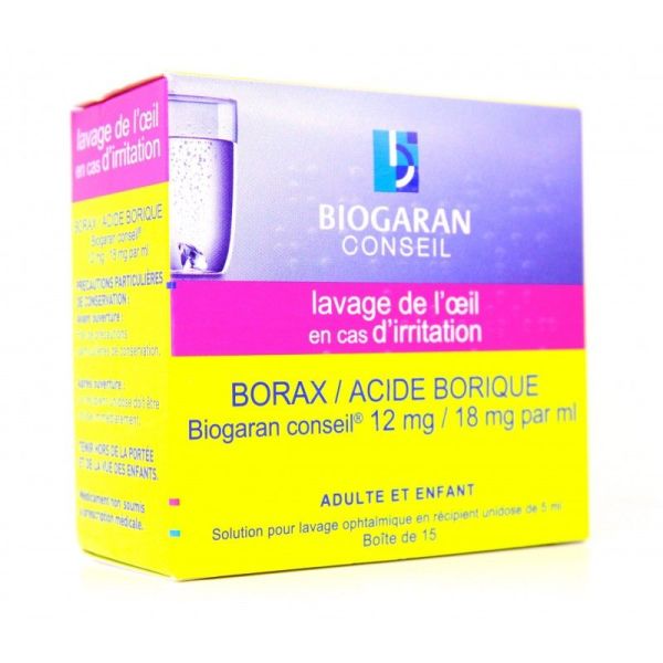 Borax/Acide borique 12mg/18/mL Biogaran solution pour lavage ophtalmique 15 dosettes