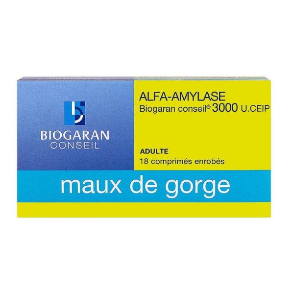 Alfa-amylase Biogaran 3000 U 18 comprimés maux de gorge