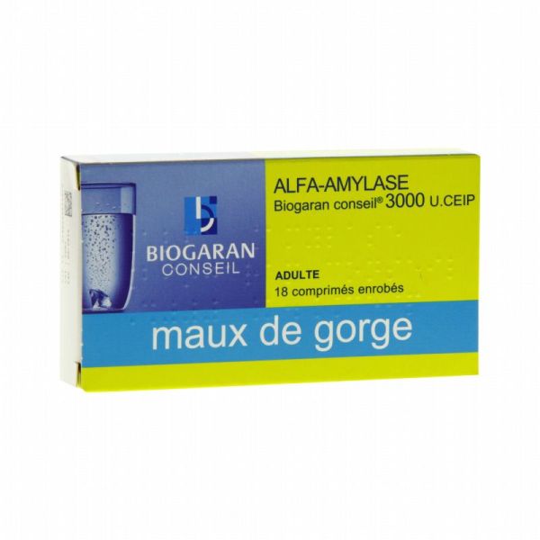 Alfa-amylase Biogaran 3000 U 18 comprimés maux de gorge