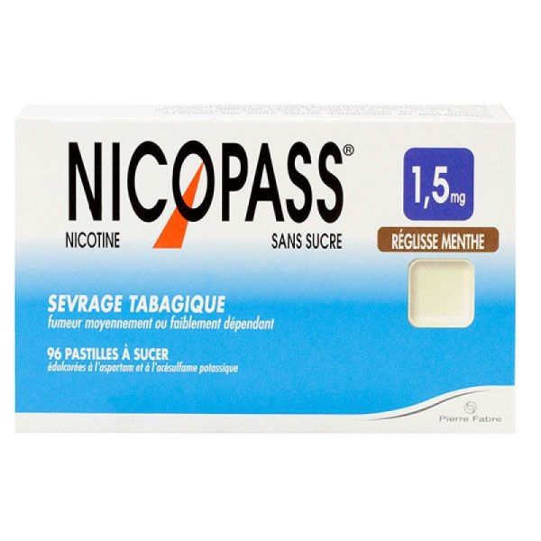 Nicopass 1,5mg réglisse menthe sans sucre - 96 pastilles à sucer